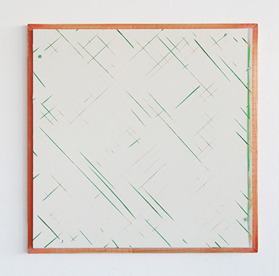 Michael Bauch  Theresa Eipeldauer  Jugoslav Mitevski  Benjamin Roth: 52,7 Quadrat / Square, 2017.
Acryl und Grundierung in Diamondboard über Mennige und Lack auf Holz /
Acrylics and primer in Diamondboard onto red lead and lacquer on wood. 
53 x 53 cm. Unikat / Unique. 
Courtesy: Galerie Onrust, Amsterdam.. 