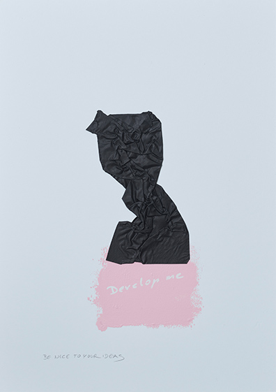 Guido Kucsko: BE NICE TO YOUR IDEAS, Develop me 2017
Paint on aluminum and paper
42 × 30 cm, Unikat / Unique. 