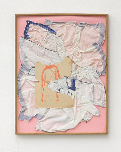 COLLAGE_Jiří Kolář . Jiří Kovanda . Dominik Lang  . Katja Strunz . Sofie Thorsen . Jenni Tischer : From the series Collage ( Pocket) 2018
Original Zeichnung seines Vaters Jiri Lang, Stoffe, alter Bilderrahmen / Original drawing of his father Jiri Lang, fabrics, old frame
66,5 x 51 cm. Unikat / Unique. Jiri Kovanda