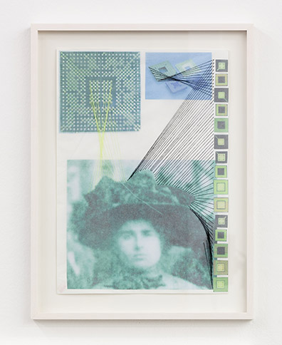 COLLAGE_Jiří Kolář . Jiří Kovanda . Dominik Lang  . Katja Strunz . Sofie Thorsen . Jenni Tischer : „InternationalLadiesGarmentWorkersUnion_Head“
2015
Collage: Transparentpapier, Kopien, Garn / Collage: transparent paper, copies, yarn
36 x 25,5 cm Unikat/unique. Jiri Kovanda