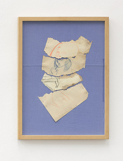 COLLAGE_Jiří Kolář . Jiří Kovanda . Dominik Lang  . Katja Strunz . Sofie Thorsen . Jenni Tischer : From the series Collage ( Shirt) 2018
Original Zeichnung seines Vaters Jiri Lang, Stoffe, alter Bilderrahmen / Original drawing of his father Jiri Lang, fabrics, old frame
66,5 x 51 cm. Unikat / Unique. Jiri Kovanda