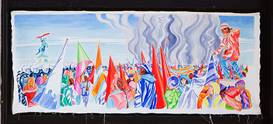 Anna Meyer: 
Outdoor space

Gemeinsam Gegeneinander, 2018 Acryll auf Leinwand /
Acrylic on canvas. 94 x 245 cm. Unikat / Unique.. Anna Meyer