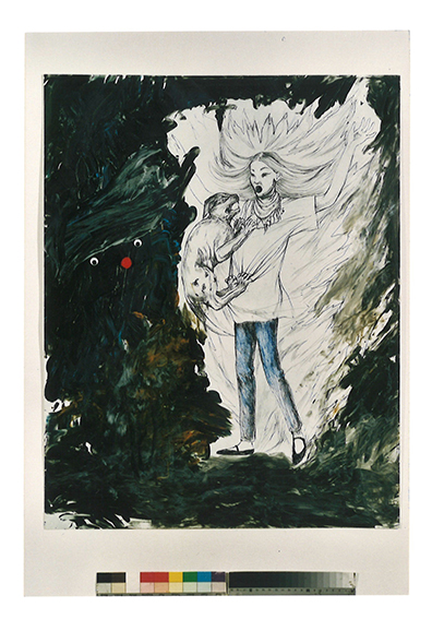 Rita Ackermann: Acryl, Kugelschreiber und Collage auf Papier 
71 x 56 cm . 