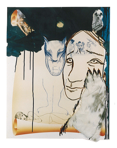 Rita Ackermann: Acryl, Acrylstift, Kugelschreiber, Collage und Pelz auf Papier
71 x 56 cm. 