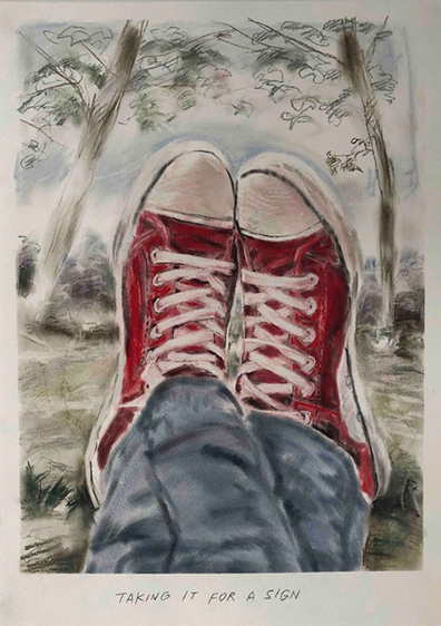  Caroline Corleone[br]Theresa Eipeldauer[br]Anna Meyer[br]Muntean/Rosenblum[br]Haleh Redjaian[br]Esther Stocker[br]Katja Strunz[br]Sofie Thorsen[br]Jenni Tischer: 
Untitled ("Taking it for..."), 2020
Kreide auf Papier, 42 x 29,7 cm.
Unikat. 