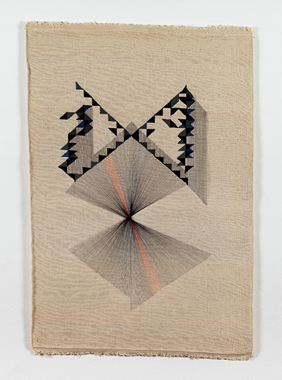  Caroline Corleone[br]Theresa Eipeldauer[br]Anna Meyer[br]Muntean/Rosenblum[br]Haleh Redjaian[br]Esther Stocker[br]Katja Strunz[br]Sofie Thorsen[br]Jenni Tischer: 
"Untitled (C_XXVIII)", 2019
F&auml;den auf handgewebtem Teppich, 100 x 70 cm, 
Unikat.. 