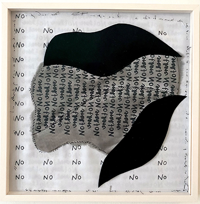 Jenni Tischer at INTERCONTI WIEN 2021 Online: NO there, 2021.
Textilcollage, Textilien, Garn, Tusche, gerahmt 33,5 x 33,5 cm. 