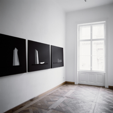 Florian Pumhösl: 2008
Mehrteiliges Relief bestehend aus MDF-Trägerplatte, mit schwarzem Buchbinderleinen kaschiert und Montage aus jeweils 2 Glassilhouetten (4-teilig) 
je 120 x 90 cm, Unikat
Ausstellungsansicht, Krobath, Nibelungengasse 11. IMAGNO