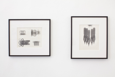 Curated by_Constructions and stories_Curated by_Marie Klimesova: (right) Nibs, 1966
Photogram, light drawing, 30,5 x 24 cm (frame: 42,5 x 48,5 cm, glass)
Photo archive of artist

(left) Clasp 1, 1966
Photogram, light drawing, 20,8 x 23,5 cm (frame: 42,5 x 48,5 cm,glass)
Photo archive of artist. 