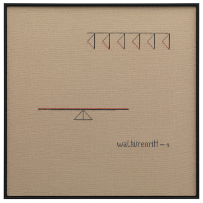 Katrina Daschner: Embroidery on canvas, unique, 44 x 44 cm framed, 2012. Jens Ziehe